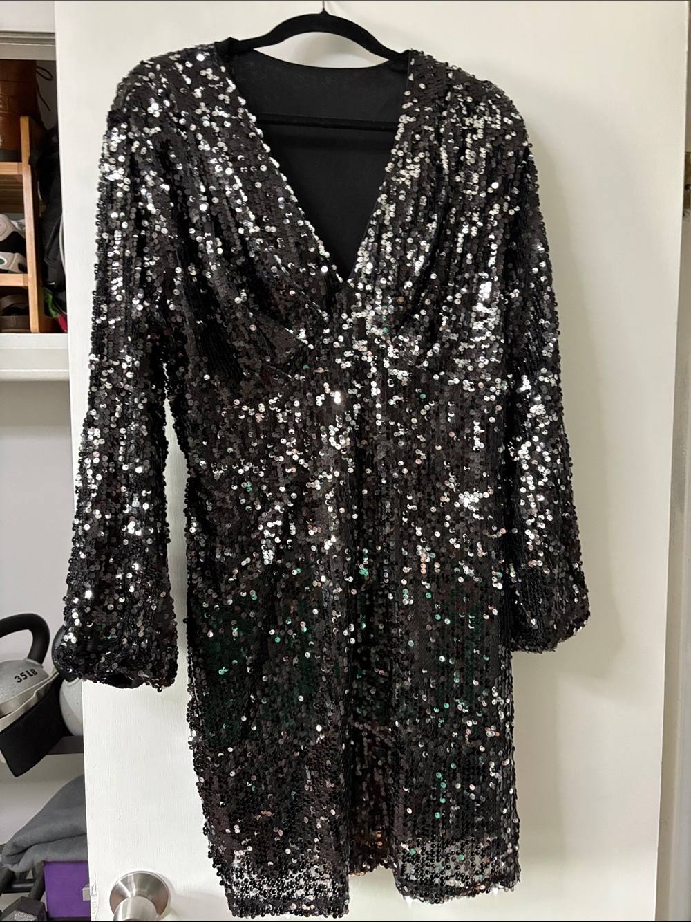 SHEIN Black Sequin V-Neck Long Sleeve Mini Dress